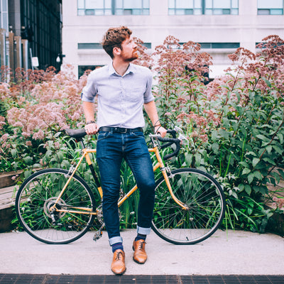 Shirt and jeans leaning