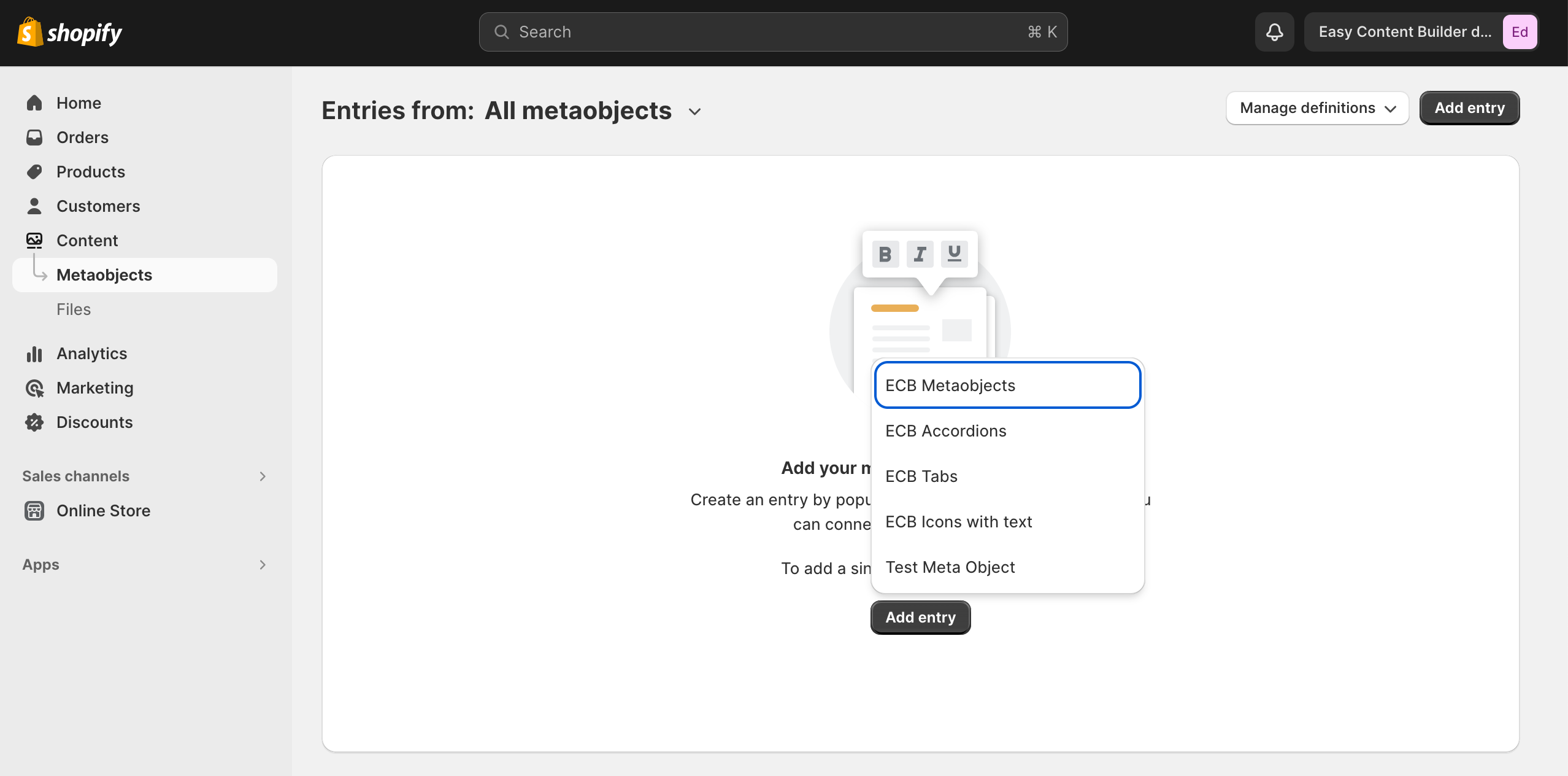 Shopify metaobject templates – Easy Content Builder demo